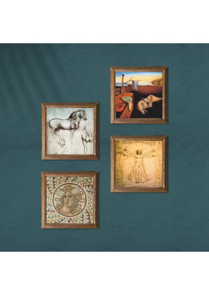 Salvador Dalí, Mozaik Serisi, Leonardo da Vinci Ahşap Çerçeveli Taş Duvar Tablosu 4’lü Set – 25x25 cm Dekoratif Modern Sanat – Ev ve Ofis Dekoru |W4-975| modelleri