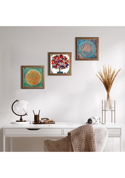 Yaşam Çiçeği, Lotus Çiçeği, Nar Ağacı Taş Duvar Tablosu Ahşap Çerçeveli Duvar Dekoru 3 Parça Tablo Seti Wall Art W3-106