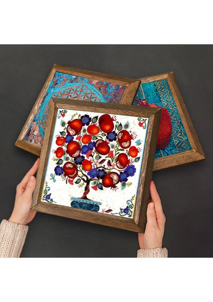 Yaşam Çiçeği, Lotus Çiçeği, Nar Ağacı Taş Duvar Tablosu Ahşap Çerçeveli Duvar Dekoru 3 Parça Tablo Seti Wall Art W3-106