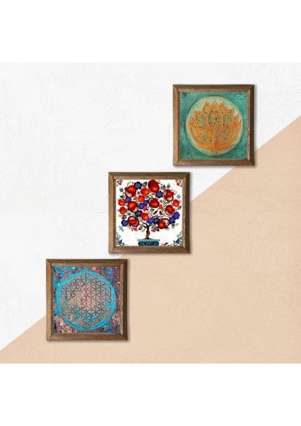 Yaşam Çiçeği, Lotus Çiçeği, Nar Ağacı Taş Duvar Tablosu Ahşap Çerçeveli Duvar Dekoru 3 Parça Tablo Seti Wall Art W3-106