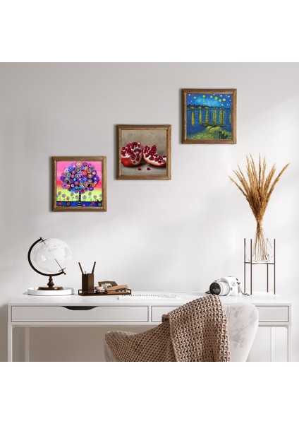 Van Gogh Ren Nehri’nde Yıldızlı Bir Gece, Hayat Ağacı, Nar Taş Duvar Tablosu Ahşap Çerçeveli Duvar Dekoru 3 Parça Tablo Seti Wall Art W3-1073
