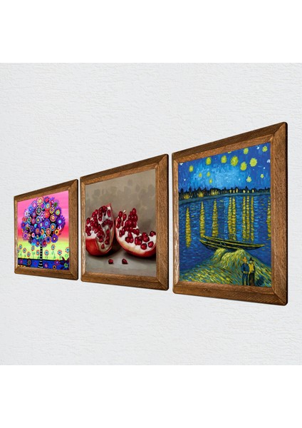 Van Gogh Ren Nehri’nde Yıldızlı Bir Gece, Hayat Ağacı, Nar Taş Duvar Tablosu Ahşap Çerçeveli Duvar Dekoru 3 Parça Tablo Seti Wall Art W3-1073