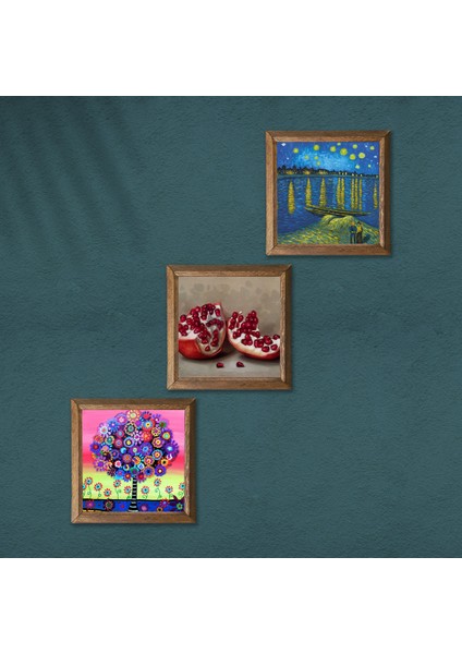 Van Gogh Ren Nehri’nde Yıldızlı Bir Gece, Hayat Ağacı, Nar Taş Duvar Tablosu Ahşap Çerçeveli Duvar Dekoru 3 Parça Tablo Seti Wall Art W3-1073
