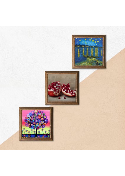 Van Gogh Ren Nehri’nde Yıldızlı Bir Gece, Hayat Ağacı, Nar Taş Duvar Tablosu Ahşap Çerçeveli Duvar Dekoru 3 Parça Tablo Seti Wall Art W3-1073