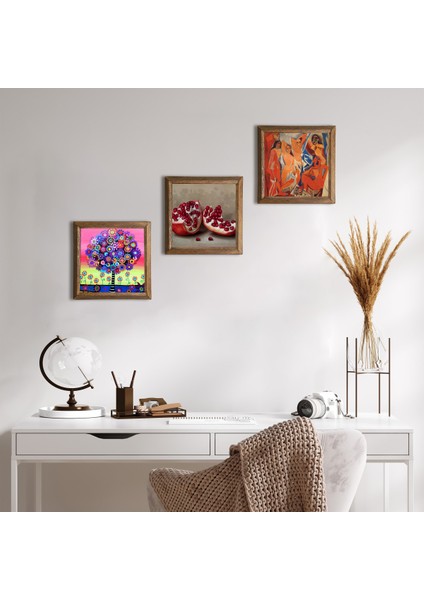 Picasso Avignonlu Kızlar, Karla Gerard Hayat Ağacı, Nar Taş Duvar Tablosu Ahşap Çerçeveli Duvar Dekoru 3 Parça Tablo Seti Wall Art W3-1075