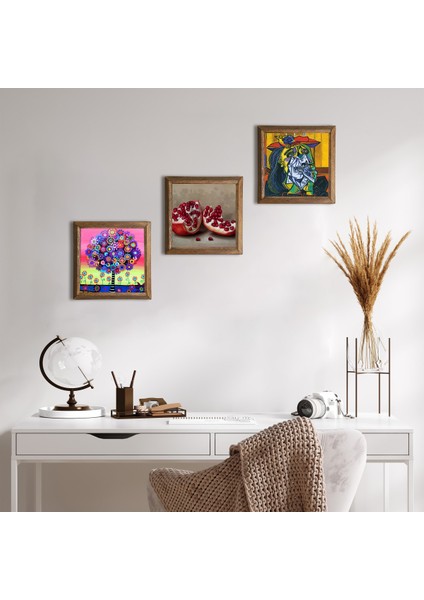 Picasso Ağlayan Kadın, Karla Gerard Hayat Ağacı, Nar Taş Duvar Tablosu Ahşap Çerçeveli Duvar Dekoru 3 Parça Tablo Seti Wall Art W3-1076