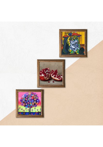 Picasso Ağlayan Kadın, Karla Gerard Hayat Ağacı, Nar Taş Duvar Tablosu Ahşap Çerçeveli Duvar Dekoru 3 Parça Tablo Seti Wall Art W3-1076 indirimleri