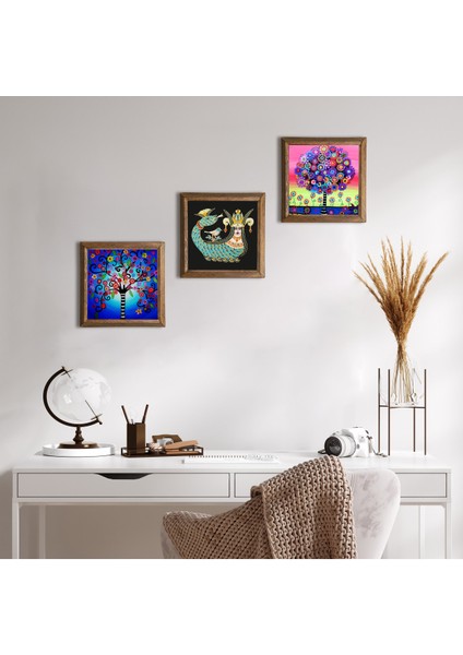 Hayat Ağacı, Şahmeran Ahşap Çerçeveli Taş Duvar Tablosu 3’lü Set – 25x25 cm Dekoratif Modern Sanat – Ev ve Ofis Dekoru |W3-108|