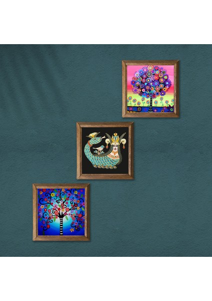 Hayat Ağacı, Şahmeran Ahşap Çerçeveli Taş Duvar Tablosu 3’lü Set – 25x25 cm Dekoratif Modern Sanat – Ev ve Ofis Dekoru |W3-108| modelleri