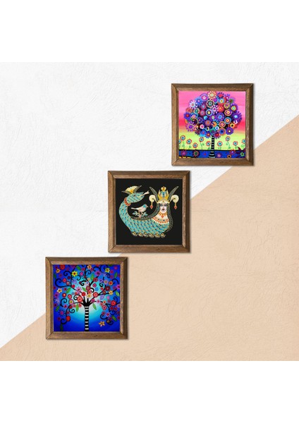 Hayat Ağacı, Şahmeran Ahşap Çerçeveli Taş Duvar Tablosu 3’lü Set – 25x25 cm Dekoratif Modern Sanat – Ev ve Ofis Dekoru |W3-108| indirimleri