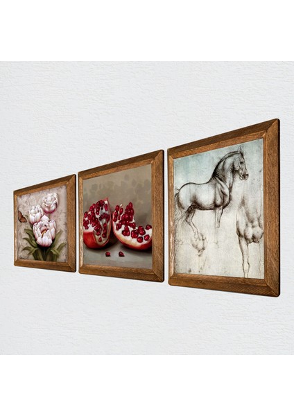 Leonardo da Vinci At Heykeli, Kelebekli Çiçek, Nar Taş Duvar Tablosu Ahşap Çerçeveli Duvar Dekoru 3 Parça Tablo Seti Wall Art W3-1204