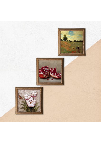 Claude Monet Gelincikler, Kelebekli Çiçek, Nar Ahşap Çerçeveli Taş Duvar Tablosu 3’lü Set – 25x25 cm Dekoratif Modern Sanat – Ev ve Ofis Dekoru |W3-1264| indirimleri