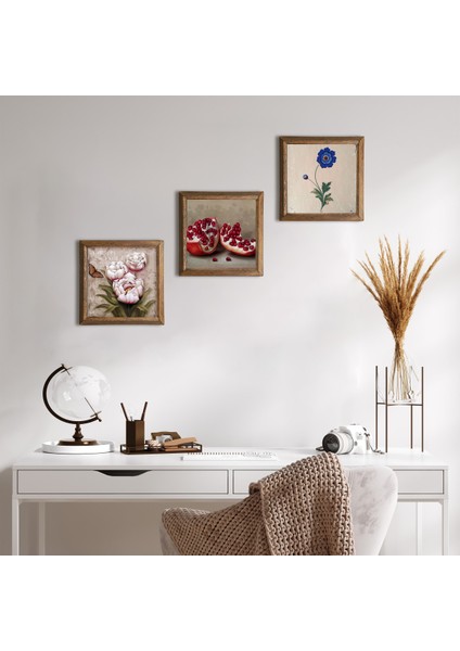 Ebru Sanatı, Kelebekli Çiçek, Nar Taş Duvar Tablosu Ahşap Çerçeveli Duvar Dekoru 3 Parça Tablo Seti Wall Art W3-1237
