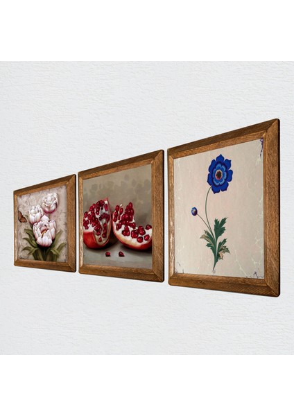 Ebru Sanatı, Kelebekli Çiçek, Nar Taş Duvar Tablosu Ahşap Çerçeveli Duvar Dekoru 3 Parça Tablo Seti Wall Art W3-1237