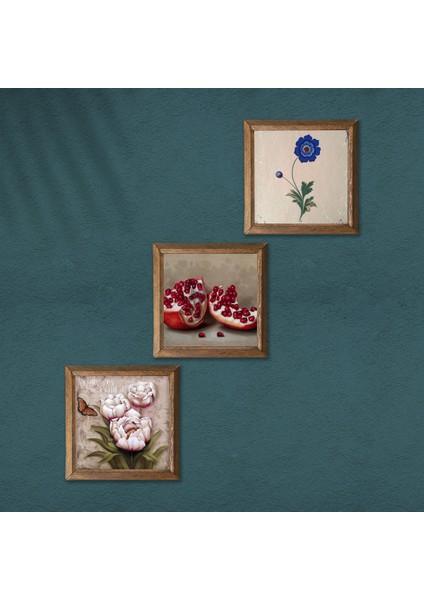 Ebru Sanatı, Kelebekli Çiçek, Nar Taş Duvar Tablosu Ahşap Çerçeveli Duvar Dekoru 3 Parça Tablo Seti Wall Art W3-1237