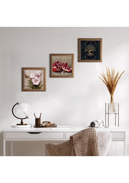 Hayat Ağacı, Kelebekli Çiçek, Nar Taş Duvar Tablosu Ahşap Çerçeveli Duvar Dekoru 3 Parça Tablo Seti Wall Art W3-1238
