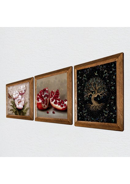 Hayat Ağacı, Kelebekli Çiçek, Nar Taş Duvar Tablosu Ahşap Çerçeveli Duvar Dekoru 3 Parça Tablo Seti Wall Art W3-1238 fiyatları