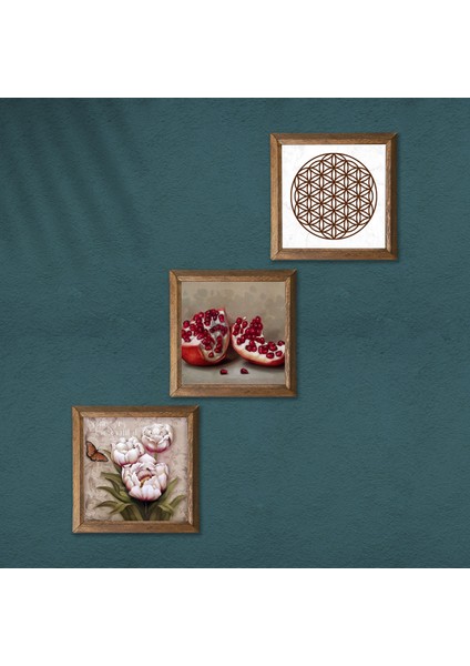 Yaşam Çiçeği, Kelebekli Çiçek, Nar Ahşap Çerçeveli Taş Duvar Tablosu 3’lü Set – 25x25 cm Dekoratif Modern Sanat – Ev ve Ofis Dekoru |W3-1241| modelleri