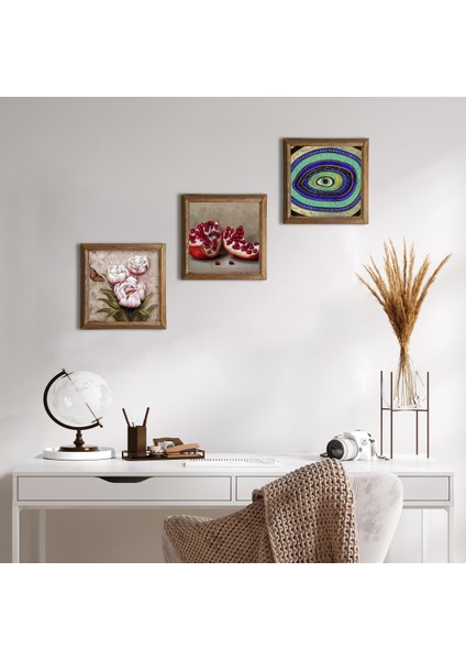 Nazar, Kelebekli Çiçek, Nar Taş Duvar Tablosu Ahşap Çerçeveli Duvar Dekoru 3 Parça Tablo Seti Wall Art W3-1252