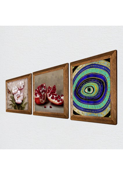 Nazar, Kelebekli Çiçek, Nar Taş Duvar Tablosu Ahşap Çerçeveli Duvar Dekoru 3 Parça Tablo Seti Wall Art W3-1252 fiyatları