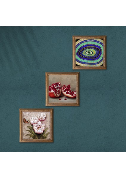 Nazar, Kelebekli Çiçek, Nar Taş Duvar Tablosu Ahşap Çerçeveli Duvar Dekoru 3 Parça Tablo Seti Wall Art W3-1252 modelleri