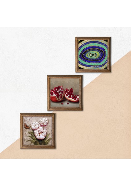 Nazar, Kelebekli Çiçek, Nar Taş Duvar Tablosu Ahşap Çerçeveli Duvar Dekoru 3 Parça Tablo Seti Wall Art W3-1252 indirimleri