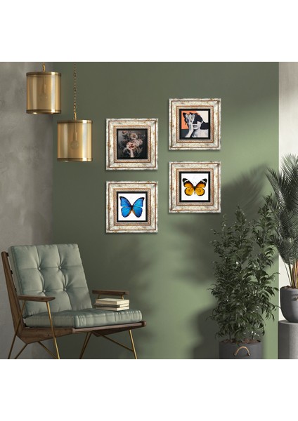 Kelebek, Bahar Düşü Serisi Taş Duvar Tablosu Çerçeveli Duvar Dekoru 4 Parça Tablo Seti Wall Art T4-133