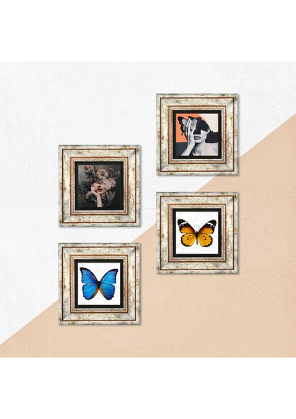 Kelebek, Bahar Düşü Serisi Taş Duvar Tablosu Çerçeveli Duvar Dekoru 4 Parça Tablo Seti Wall Art T4-133 indirimleri
