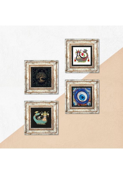 Nazar, Hayat Ağacı, Şahmeran Çerçeveli Taş Duvar Tablosu 4’lü Set - Dekoratif Modern Sanat, Ev ve Ofis Dekoru |TK4-1517| indirimleri