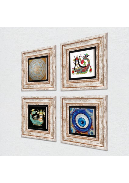 Nazar, Sri Yantra, Şahmeran Taş Duvar Tablosu Çerçeveli Duvar Dekoru 4 Parça Tablo Seti Wall Art T4-1521