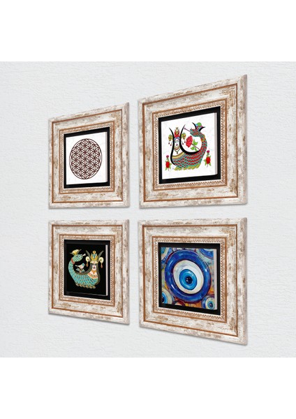Nazar, Yaşam Çiçeği, Şahmeran Çerçeveli Taş Duvar Tablosu 4’lü Set - Dekoratif Modern Sanat, Ev ve Ofis Dekoru |TK4-1525| fiyatları