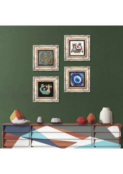 Nazar, Yaşam Çiçeği, Şahmeran Taş Duvar Tablosu Çerçeveli Duvar Dekoru 4 Parça Tablo Seti Wall Art T4-1528