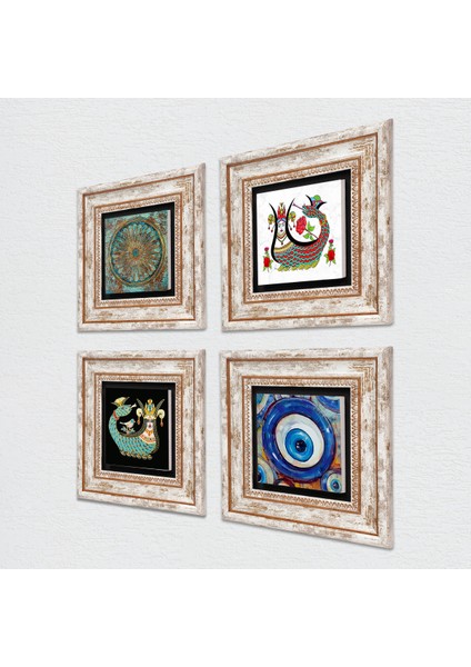 Nazar, Yaşam Çiçeği, Şahmeran Taş Duvar Tablosu Çerçeveli Duvar Dekoru 4 Parça Tablo Seti Wall Art T4-1528