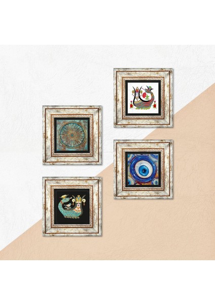 Nazar, Yaşam Çiçeği, Şahmeran Taş Duvar Tablosu Çerçeveli Duvar Dekoru 4 Parça Tablo Seti Wall Art T4-1528