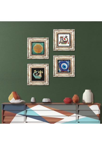 Stone Nazar, Lotus Çiçeği, Şahmeran Çerçeveli Taş Duvar Tablosu 4’lü Set - Dekoratif Modern Sanat, Ev ve Ofis Dekoru |TK4-1530|
