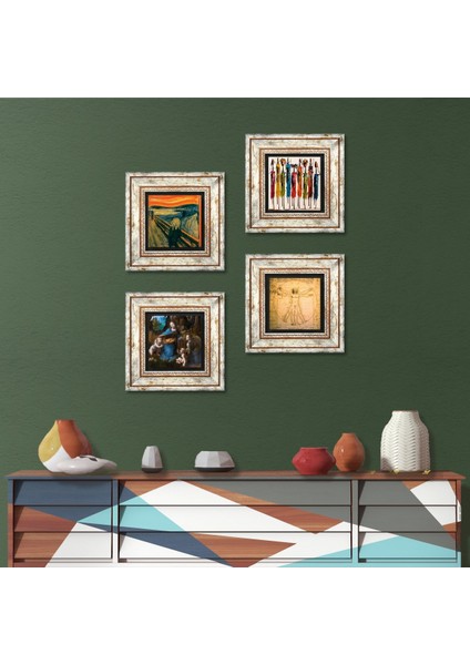 Leonardo da Vinci, Çığlık, Yerli Kadınlar Çerçeveli Taş Duvar Tablosu 4’lü Set - Dekoratif Modern Sanat, Ev ve Ofis Dekoru |TK4-1668|