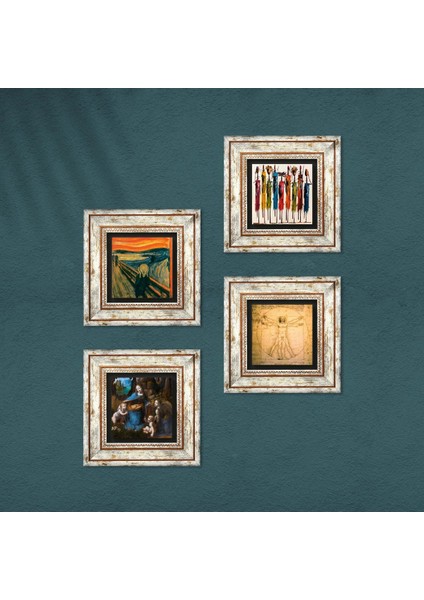 Leonardo da Vinci, Çığlık, Yerli Kadınlar Çerçeveli Taş Duvar Tablosu 4’lü Set - Dekoratif Modern Sanat, Ev ve Ofis Dekoru |TK4-1668| fırsatları