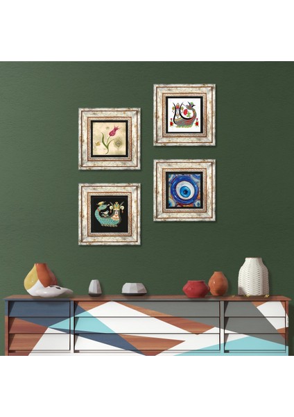 Nazar, Lale, Şahmeran Taş Duvar Tablosu Çerçeveli Duvar Dekoru 4 Parça Tablo Seti Wall Art T4-1515
