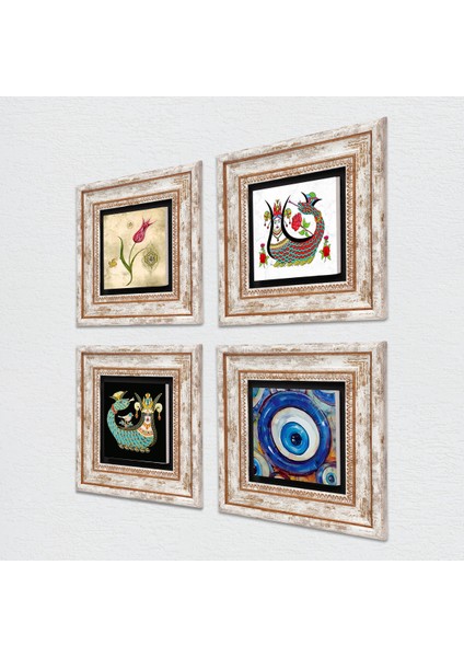 Nazar, Lale, Şahmeran Taş Duvar Tablosu Çerçeveli Duvar Dekoru 4 Parça Tablo Seti Wall Art T4-1515