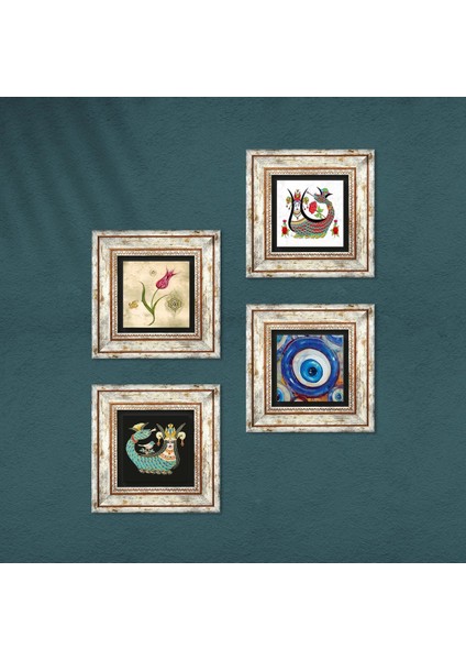 Nazar, Lale, Şahmeran Taş Duvar Tablosu Çerçeveli Duvar Dekoru 4 Parça Tablo Seti Wall Art T4-1515