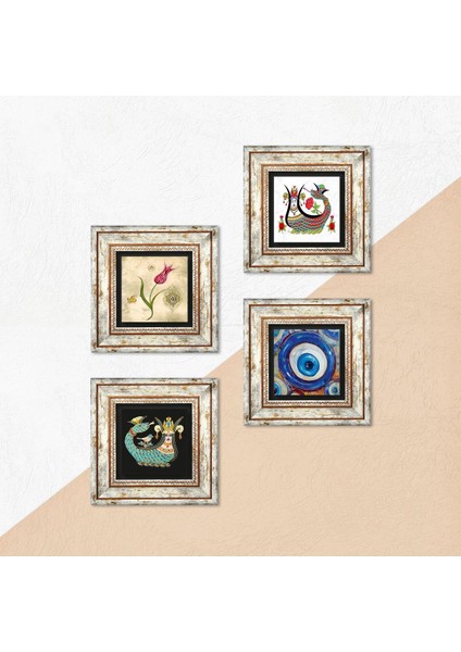 Nazar, Lale, Şahmeran Taş Duvar Tablosu Çerçeveli Duvar Dekoru 4 Parça Tablo Seti Wall Art T4-1515