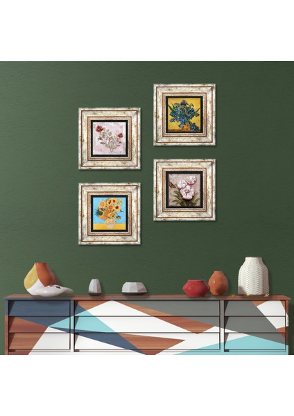 Van Gogh Süsenler, On İki Ayçiçekli Vazo, Kelebekli Çiçek, Gül Çerçeveli Taş Duvar Tablosu 4’lü Set - Dekoratif Modern Sanat, Ev ve Ofis Dekoru |TK4-1520|