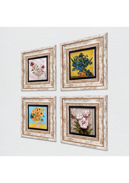 Van Gogh Süsenler, On İki Ayçiçekli Vazo, Kelebekli Çiçek, Gül Çerçeveli Taş Duvar Tablosu 4’lü Set - Dekoratif Modern Sanat, Ev ve Ofis Dekoru |TK4-1520| fiyatları