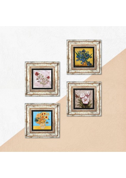 Van Gogh Süsenler, On İki Ayçiçekli Vazo, Kelebekli Çiçek, Gül Çerçeveli Taş Duvar Tablosu 4’lü Set - Dekoratif Modern Sanat, Ev ve Ofis Dekoru |TK4-1520| indirimleri