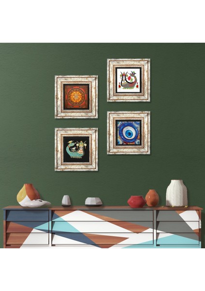 Stone Nazar, Sri Yantra, Şahmeran Çerçeveli Taş Duvar Tablosu 4’lü Set - Dekoratif Modern Sanat, Ev ve Ofis Dekoru |TK4-1522|