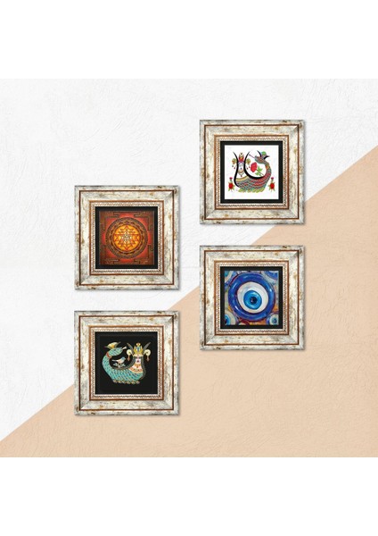 Stone Nazar, Sri Yantra, Şahmeran Çerçeveli Taş Duvar Tablosu 4’lü Set - Dekoratif Modern Sanat, Ev ve Ofis Dekoru |TK4-1522| indirimleri