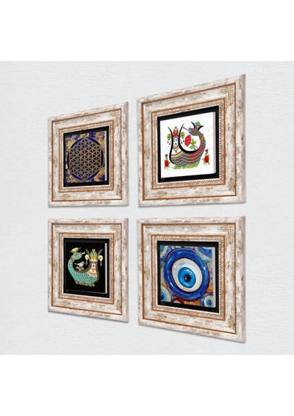 Nazar, Yaşam Çiçeği, Şahmeran Çerçeveli Taş Duvar Tablosu 4’lü Set - Dekoratif Modern Sanat, Ev ve Ofis Dekoru |TK4-1523| fiyatları