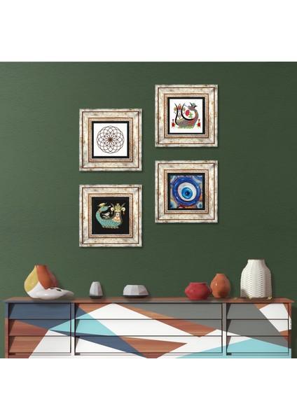 Stone Nazar, Yaşam Çiçeği, Şahmeran Çerçeveli Taş Duvar Tablosu 4’lü Set - Dekoratif Modern Sanat, Ev ve Ofis Dekoru |TK4-1526|