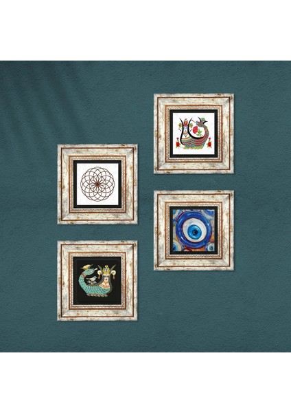 Stone Nazar, Yaşam Çiçeği, Şahmeran Çerçeveli Taş Duvar Tablosu 4’lü Set - Dekoratif Modern Sanat, Ev ve Ofis Dekoru |TK4-1526| fırsatları