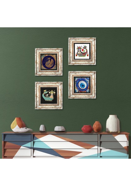 Stone Nazar, Tavus Kuşu, Şahmeran Çerçeveli Taş Duvar Tablosu 4’lü Set - Dekoratif Modern Sanat, Ev ve Ofis Dekoru |TK4-1529|
